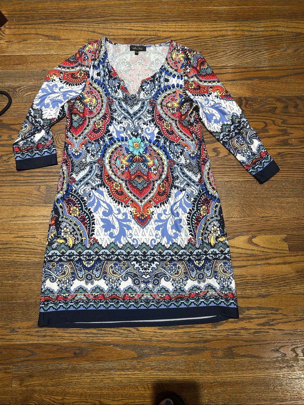 Melissa Paige Multicolor Paisley V-Neck Dress - Blue, Red, White